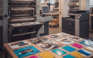 Impressora offset e impressora digital lado a lado em gráfica, com amostras de folders, catálogos e panfletos impressos sobre