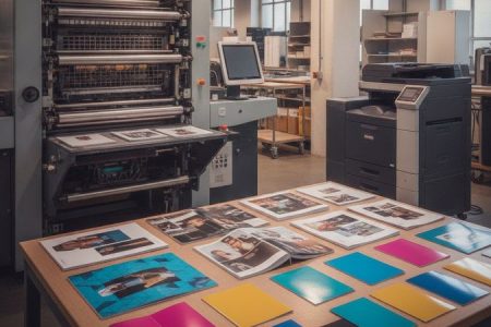 Impressora offset e impressora digital lado a lado em gráfica, com amostras de folders, catálogos e panfletos impressos sobre