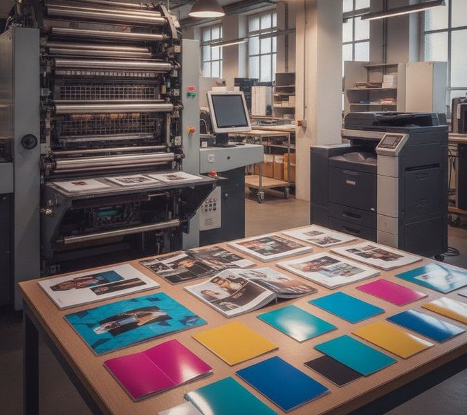 Impressora offset e impressora digital lado a lado em gráfica, com amostras de folders, catálogos e panfletos impressos sobre