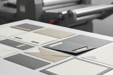 Pastas personalizadas corporativas impressas com envelopes e papel timbrado sobre mesa de escritório