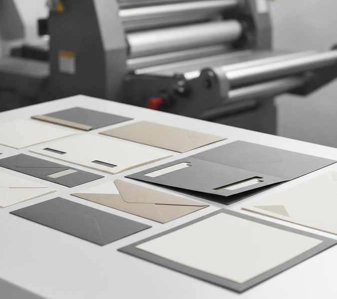 Pastas personalizadas corporativas impressas com envelopes e papel timbrado sobre mesa de escritório
